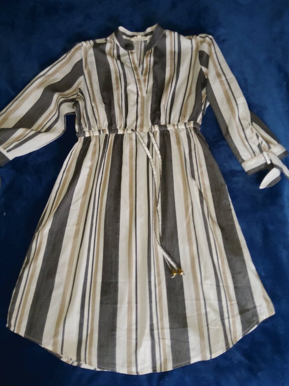 Striped Long Sleeve V-Neck Dress Roll Tab Cuff Drawstring Waist Neutral